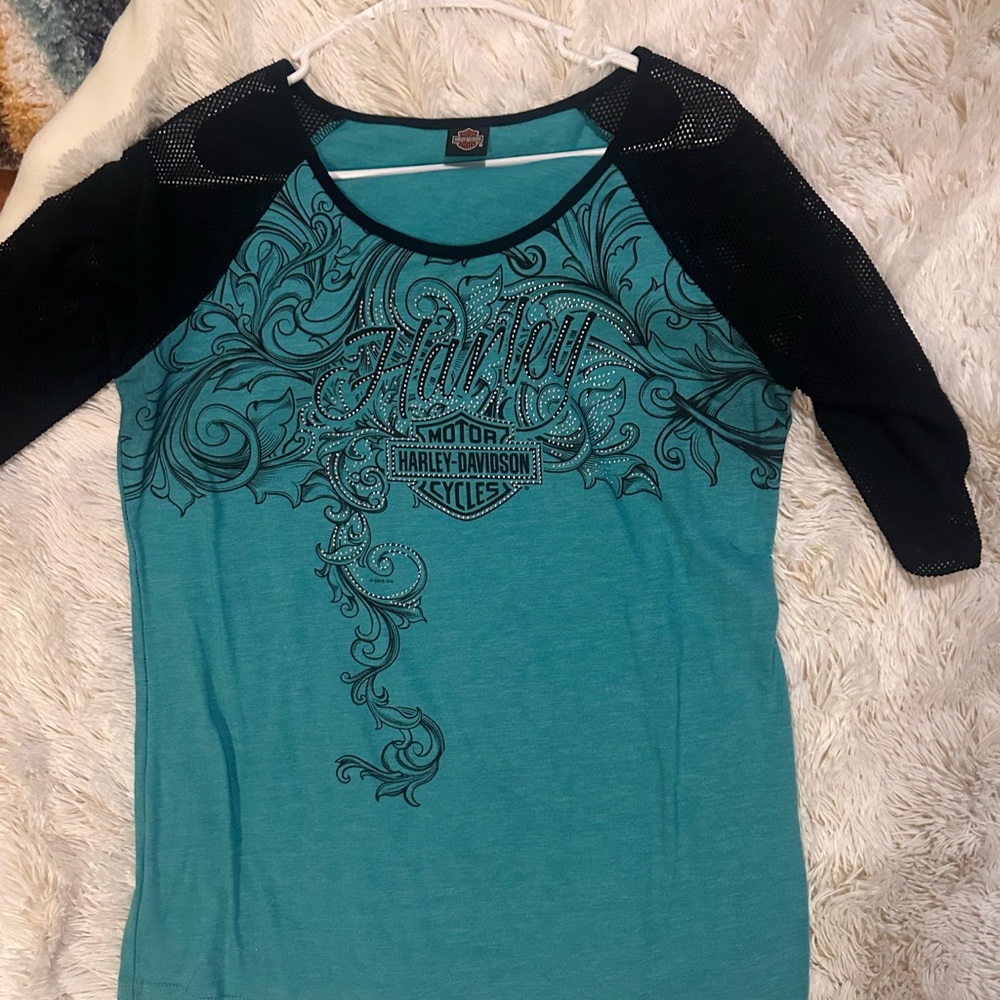 Harley-Davidson Women's Teal and Black Long Sleeve Tee